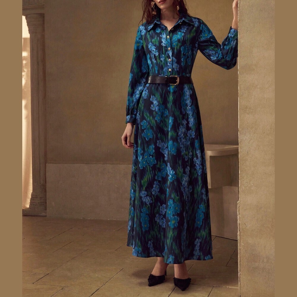 Blue Floral Print Maxi Shirt Dress with Collar - Picture 5 of 6